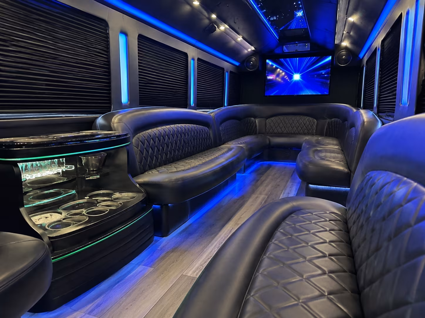 Passenger seating aboard a party bus rental serving Buffalo